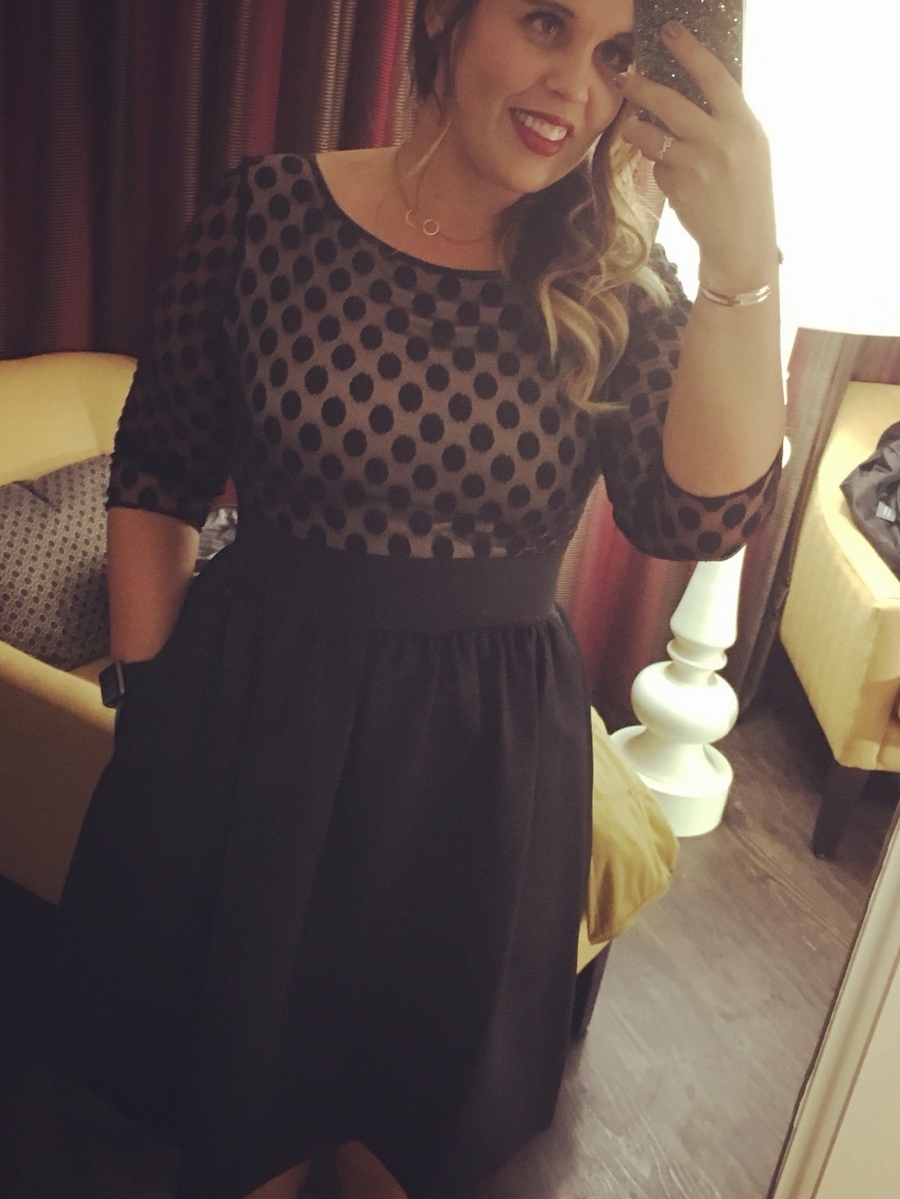 ELIZA J Fit and Flate Black Polka Dot Mesh Bodice Dress with 3/4 Sleeve - 14